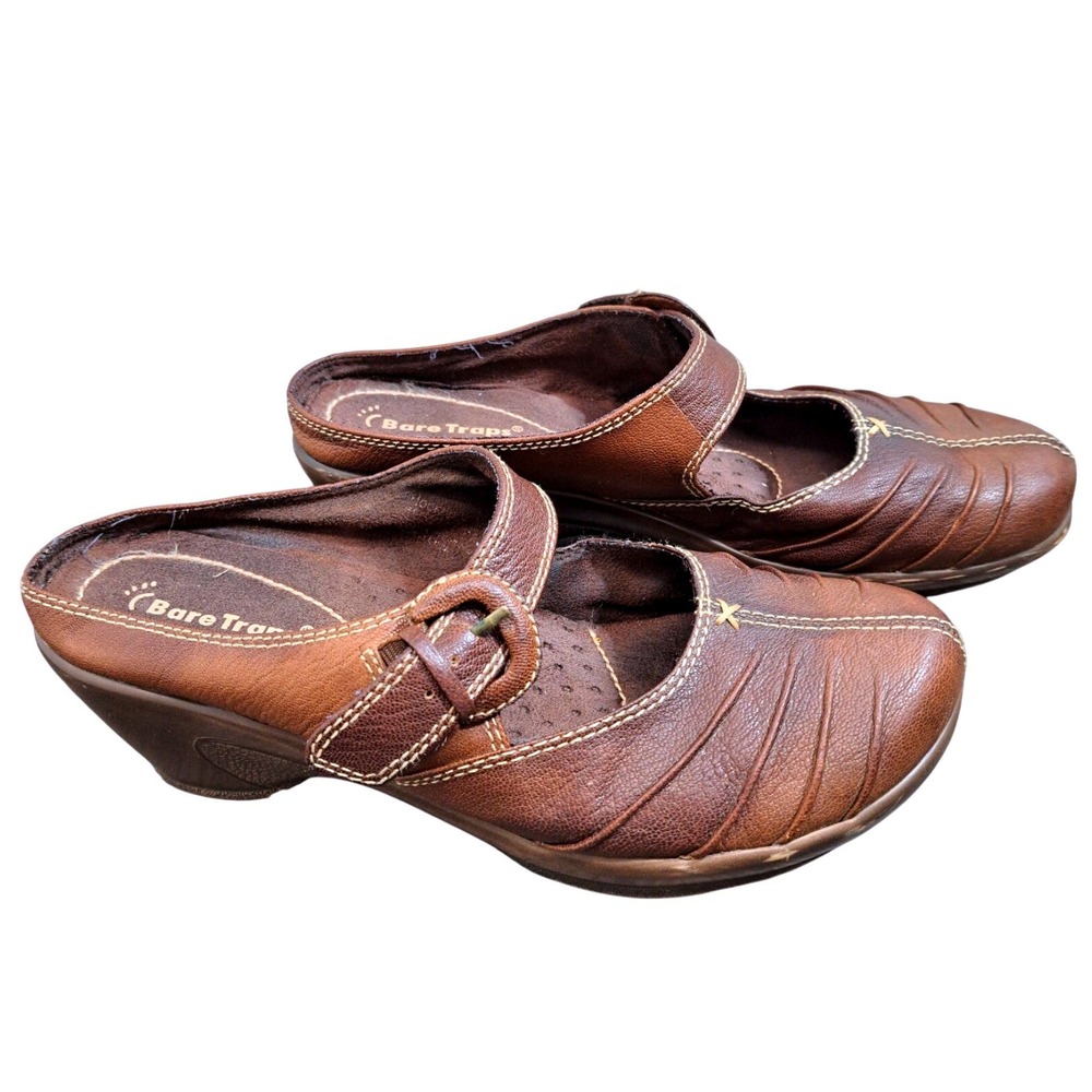 Bare Traps Women's Size 7 Brown Leather Mary Jane Clog Wedge Mules Buckle Strap